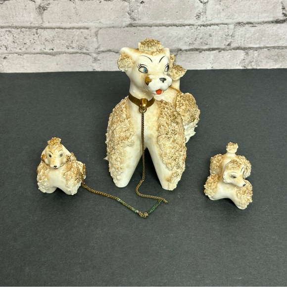 Vintage Ivory/Gold Spaghetti French Poodle Figurines Mom and 2 Puppies Japan - Picture 2 of 16